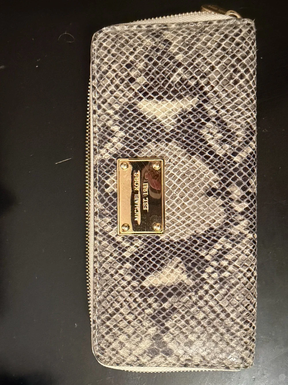 Michael Kors Beige and Black Snake-Print Zip Wallet with Gold Plate